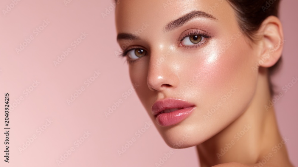 Fototapeta premium Portrait of a Beautiful Woman with Natural Makeup and Radiant Skin on a Soft Pink Background, Capturing Elegance and Youthful Glow in Fashion Photography