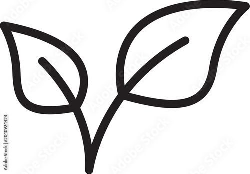 Simple black and white line art icon of two leaves isolated on transparent background