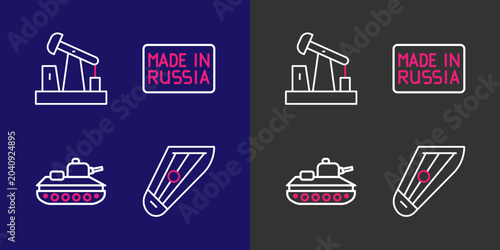 Photography Set line Kankles, Military tank, Made in Russia and Oil pump or pump jack icon