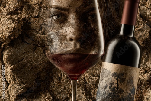 Artistic composition of wine glass reflecting woman's face beside a bottle of red wine