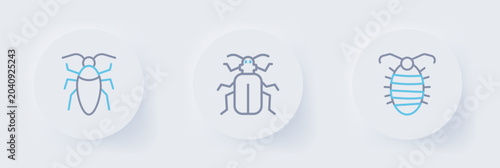 Foto Set line Larva insect, Chafer beetle and Cockroach icon. Vector