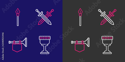 Foto Set line Medieval goblet, Trumpet with flag, Crossed medieval sword and spear icon