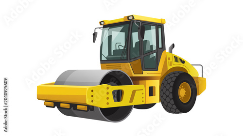Yellow road roller construction vehicle with large grey roller and black tires