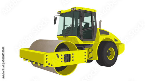 Yellow steamroller construction vehicle on a white background