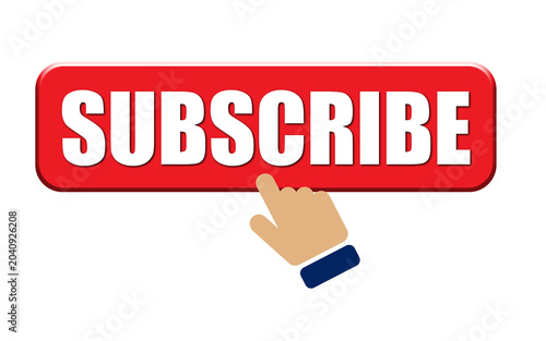 Red subscribe button with hand cursor clicking text isolated on white background, YouTube channel subscription icon vector.
