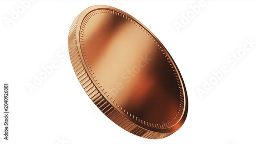 A single copper coin tilted on a white background with subtle reflections