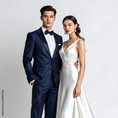 Couple in formal attire posing together indoors.