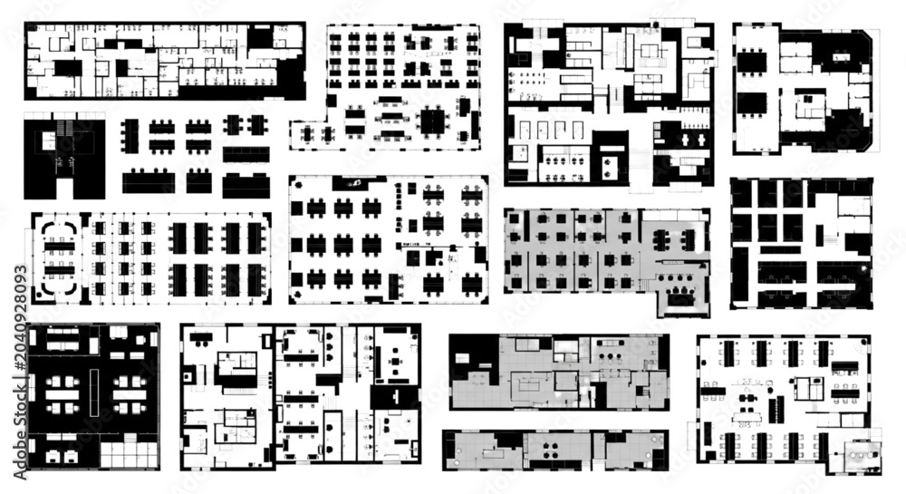 Fototapeta premium Corporate Headquarters Floor Plan Vector Pack Modern Office Layouts and Workspace Blueprints