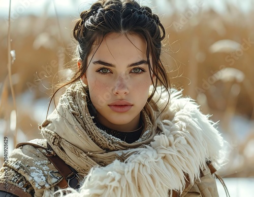 Young woman with curly hair in winter coat outdoors.