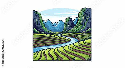 Lush terraced fields wind around a blue river, with steep, green-clad mountains