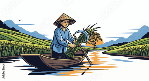 Farmer in boat harvests rice in a scenic rural landscape with mountains