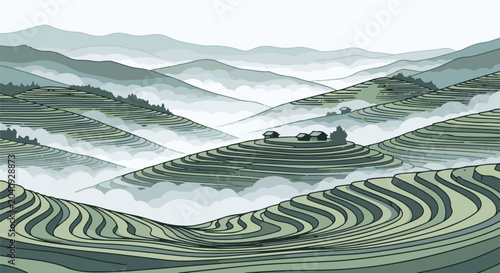 Lush green terraced hills veiled in soft, ethereal mist, dotted with small, simple structures