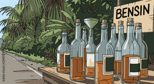 Bottles of liquid on a table by a road in a tropical setting, with a sign overhead