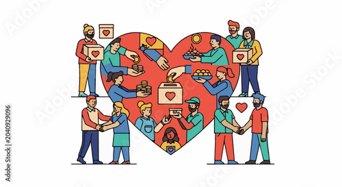 Diverse group of people inside a large red heart, sharing, donating, and helping