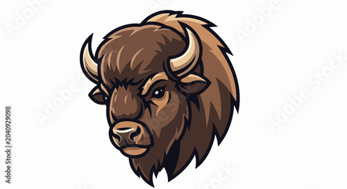 A stylized brown bison head with dark outlines and mane