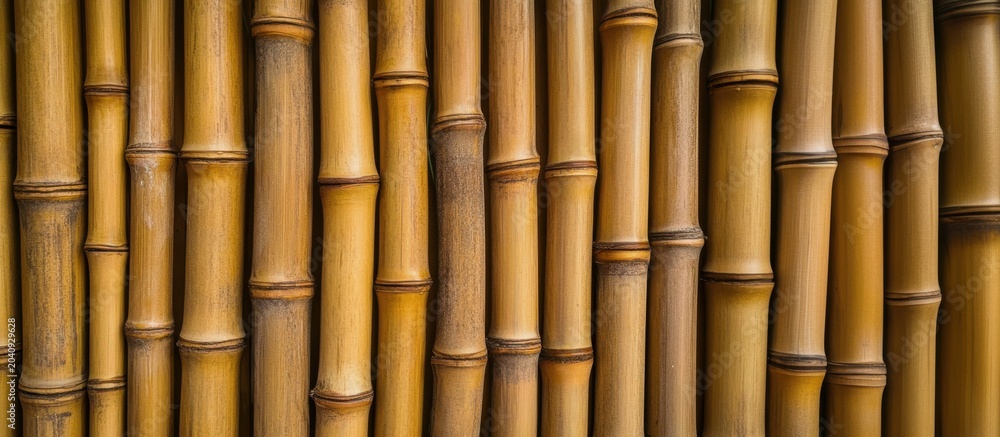 Fototapeta premium A close-up view of bamboo stalks arranged vertically. The bamboo is light brown and yellow, showcasing a natural texture and pattern.