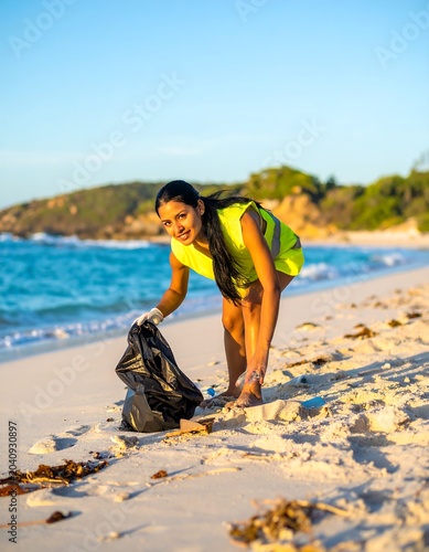 Woman in swimsuit walking on tropical beach.