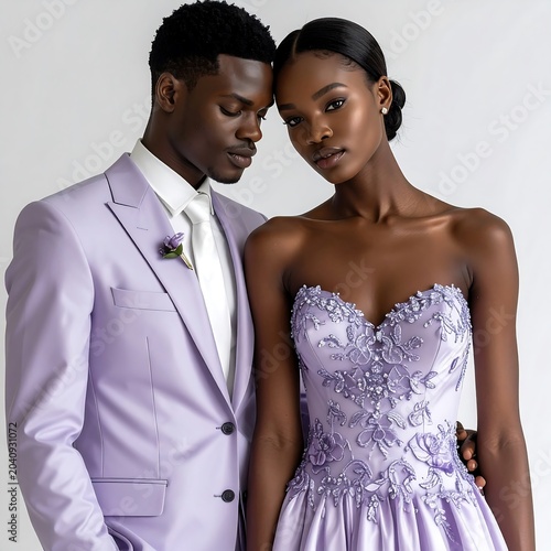 Couple in formal attire posing together indoors.