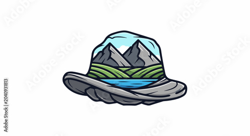 Stylized hat framing a mountain, lake, and rolling green hills landscape