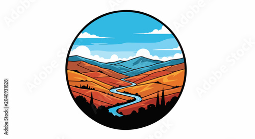 A colorful, stylized landscape with rolling hills, a winding river, and mountains under a cloudy sky