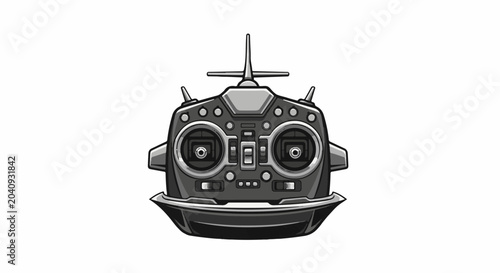 A detailed, pixelated illustration of a grey remote control with joysticks and buttons