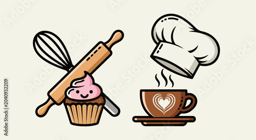 Cartoon baking tools and a steaming cup of coffee