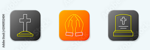 Set line Grave with cross, Hands in praying position and tombstone icon. Vector