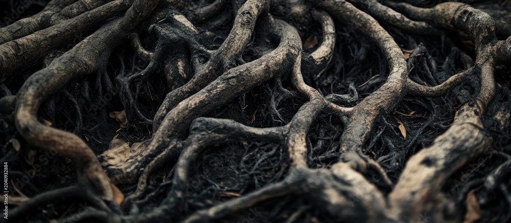 Fototapeta premium Close-up of intricate tree roots on dark soil. The roots intertwine, showcasing their texture and natural patterns. A representation of nature and growth.