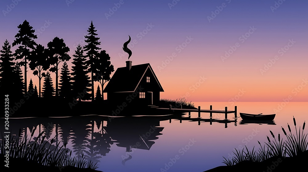 Fototapeta premium serene silhouette of a cozy cabin by a calm lake at sunset