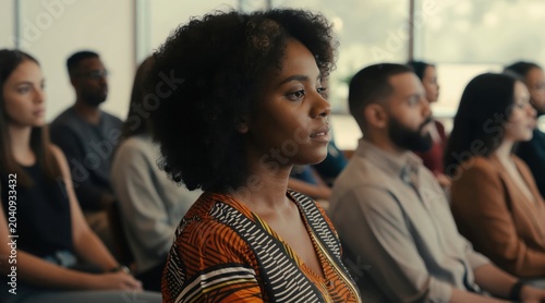 Young black woman in patterned top sits in audience, listening intently. Diverse group attends lecture or meeting. Focus on engagement, learning, and pro development.