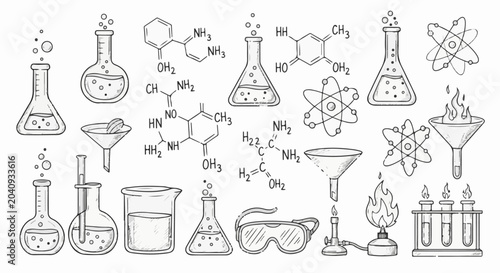 Hand-drawn sketch of science equipment, molecular diagrams, and atom models