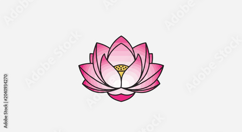 A stylized pink lotus flower with a yellow center and black outlines on a white background