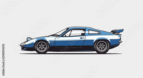 Pixel art of a vintage blue and white sports coupe with pop-up headlights and a spoiler
