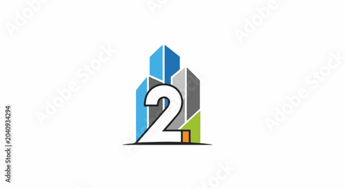 Abstract graphic of a stylized number 2 with geometric shapes resembling buildings