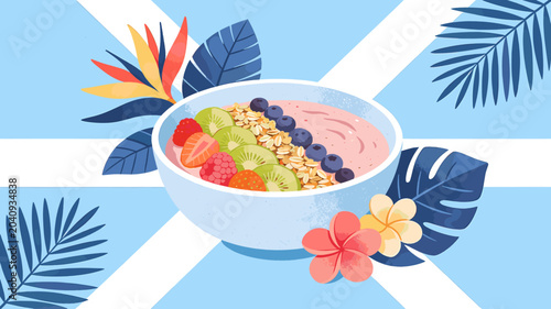 Photos A vibrant smoothie bowl overflowing with fresh fruits and granola, set against a tropical backdrop with palm leaves and exotic flowers