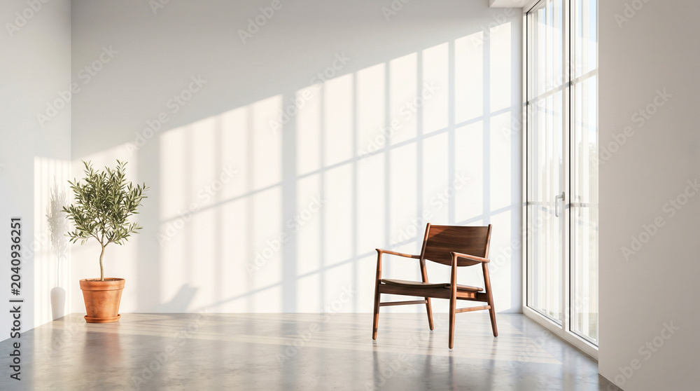 Fototapeta premium Modern minimalist room with dark walnut armchair and large window, warm natural light