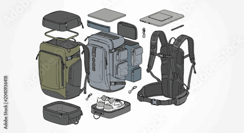 Deconstructed backpack components and accessories displayed for assembly or modular configuration