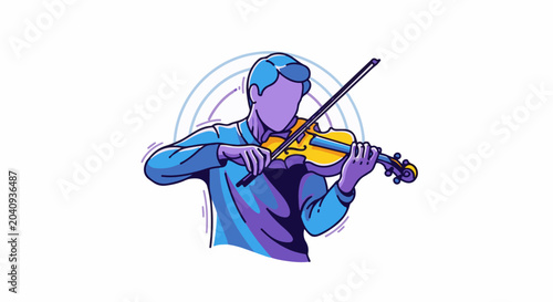 Stylized illustration of a person playing a violin with abstract arcs behind