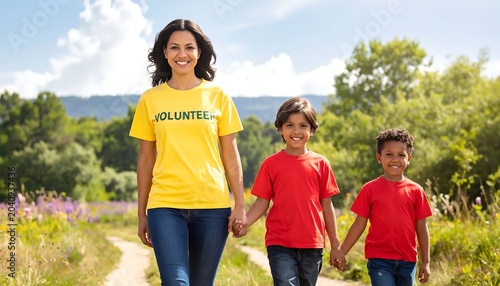 Woman in yellow jacket leading group of hikers outdoors.