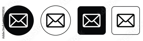 Envelope and Email Icon Set with Round and Square Outline Buttons Vector Isolated on White Background