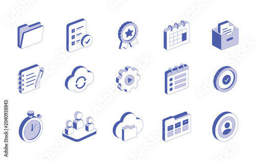 Isometric business and productivity icon set in blue and white
