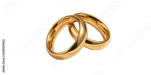 Two intertwined gold wedding rings on white background