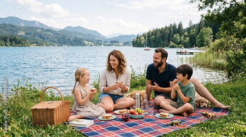 Happy Family Enjoying a Picnic by a Scenic Lake in the Mountains