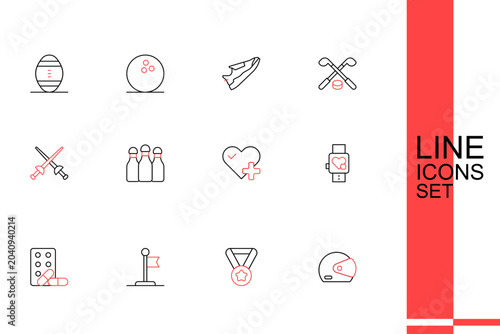 Quadro su tela Set line Racing helmet, Medal, Flag, Sports doping with dumbbell, Smart watch heart, Heart rate, Bowling and Fencing icon