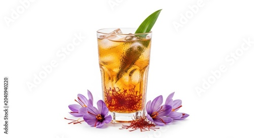 Iced tea with saffron and purple flowers garnish in a glass