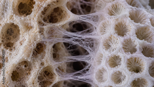 Fascinating macro view showing delicate collagen fiber bridging between natural host bone and porous coral derived surgical graft material for medical tissue repair