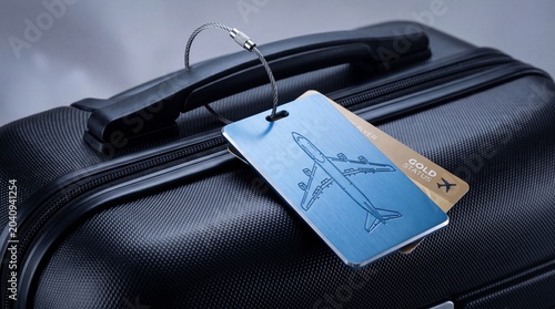 Close-up of a black travel suitcase featuring a blue brushed metal airplane luggage tag and an exclusive gold status frequent flyer card.