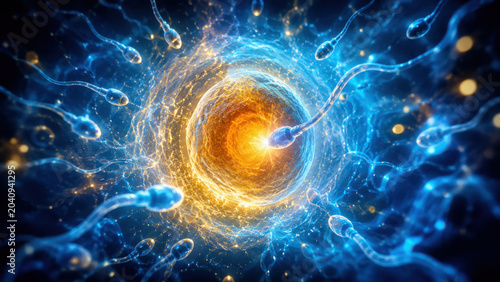 Hopeful blue and gold artistic illustration of fertilization. Glowing sperm swim toward central ovum in dynamic show of energy, representing conception and reproduction for fertility awareness