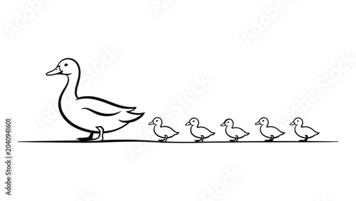Quadro su tela continuous line drawing of mother duck leading ducklings in a row minimalist ani