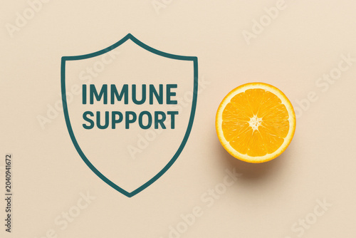 Reassuring health protection and immunity concept showing shield graphic for immune support alongside fresh orange slice providing feeling of natural wellness and vital daily defense